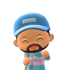 Links Animal Crossing villager character in a pastel blue baseball cap and pastel blue shirt with pink horizontal stripes, smiling into the camera while greeting.
